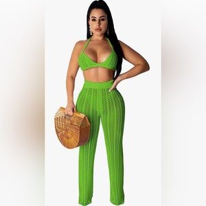 2 piece Outfit Hollow Out Knitted See Through Halter Bandeau Top Long Pant